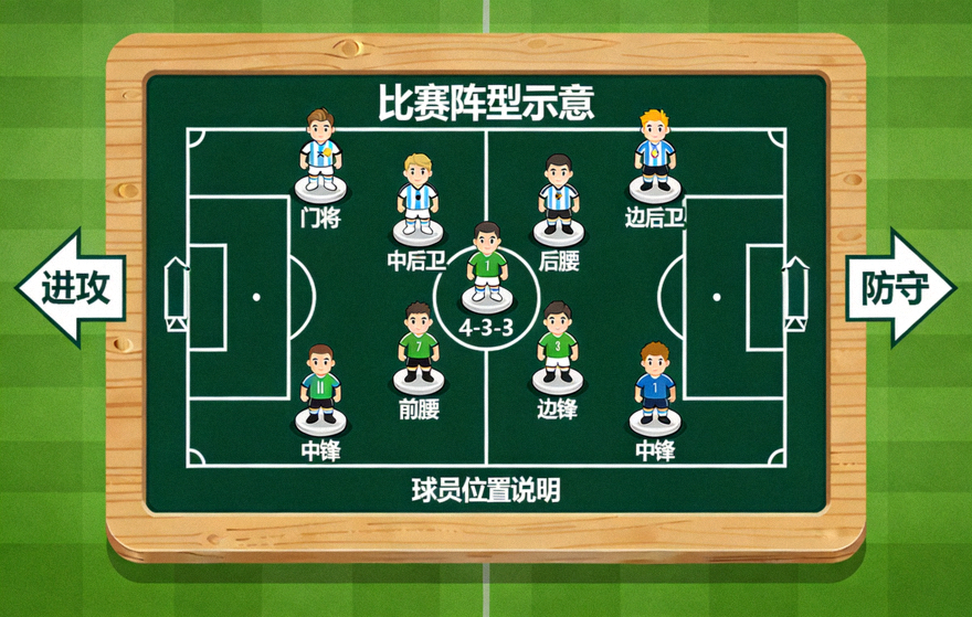 足球战术板上摆放的球员棋子与比赛阵型示意